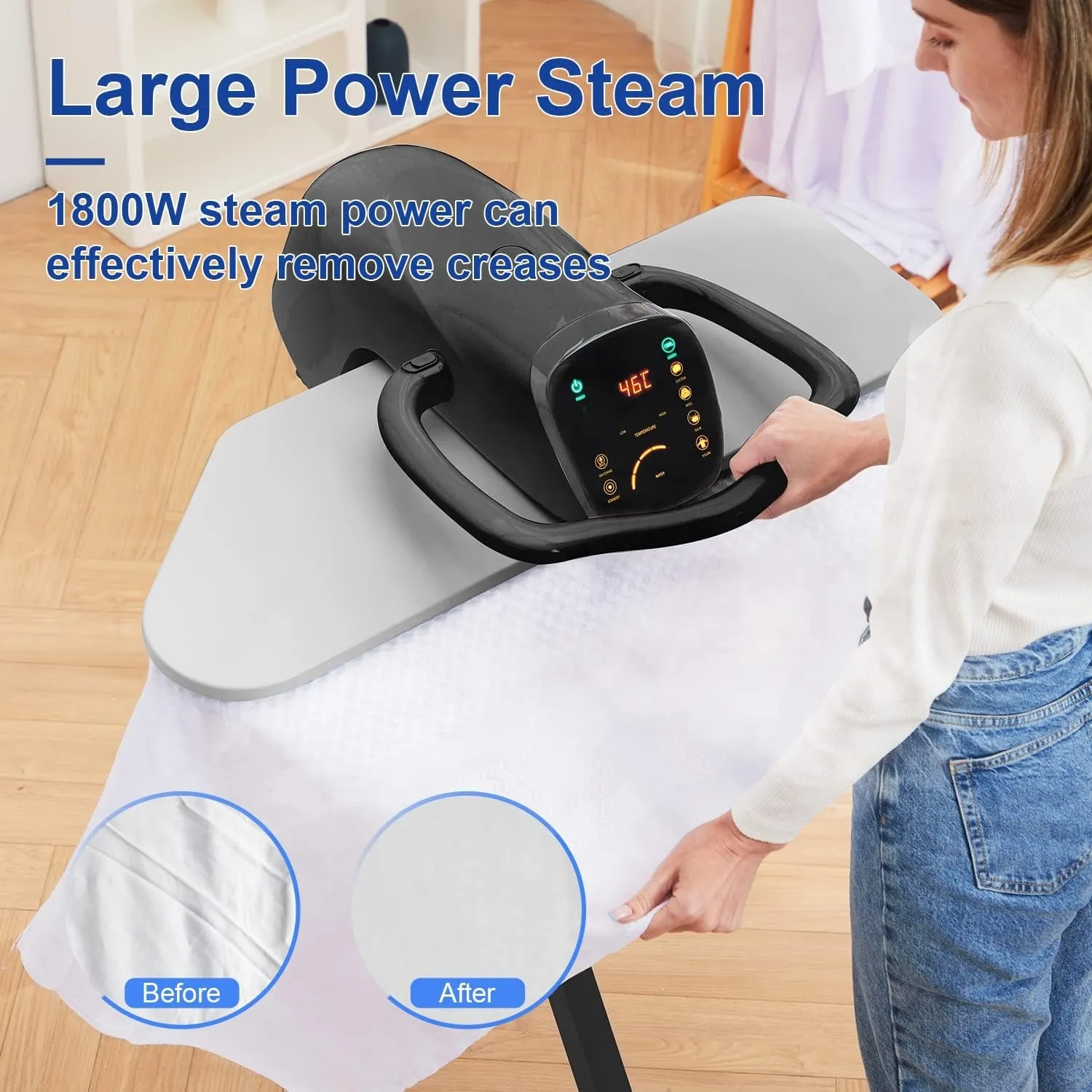 34" Large Steam Iron Press with LED Touch Screen, 1800W Steam Press with 5 Fabric Settings Language Conversion and Voice Prompts,