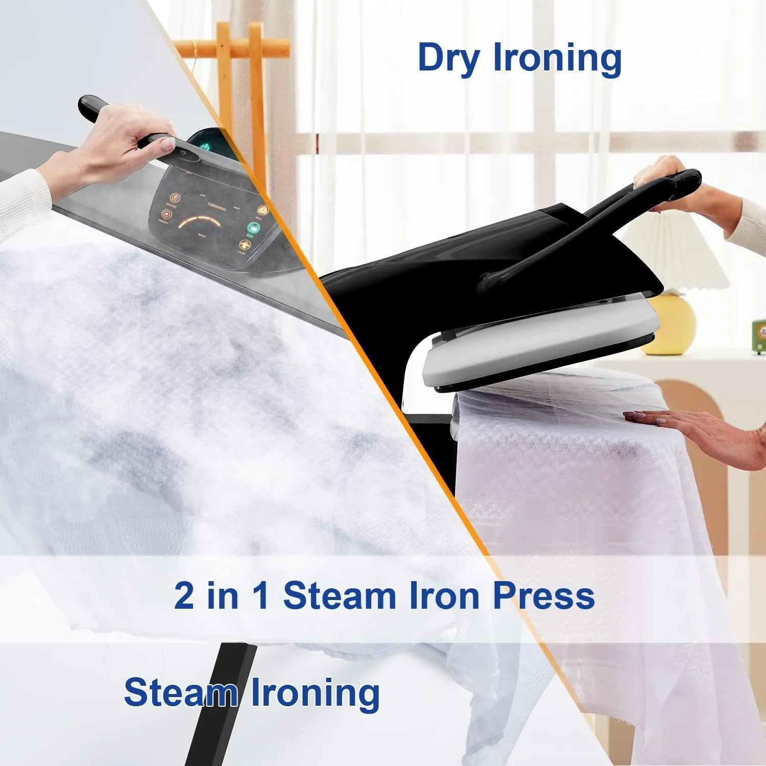 34" Large Steam Iron Press with LED Touch Screen, 1800W Steam Press with 5 Fabric Settings Language Conversion and Voice Prompts,