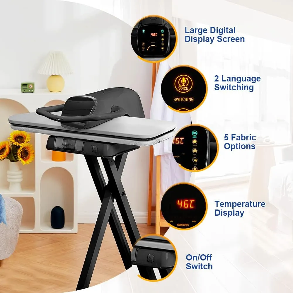 34" Large Steam Iron Press with LED Touch Screen, 1800W Steam Press with 5 Fabric Settings Language Conversion and Voice Prompts,