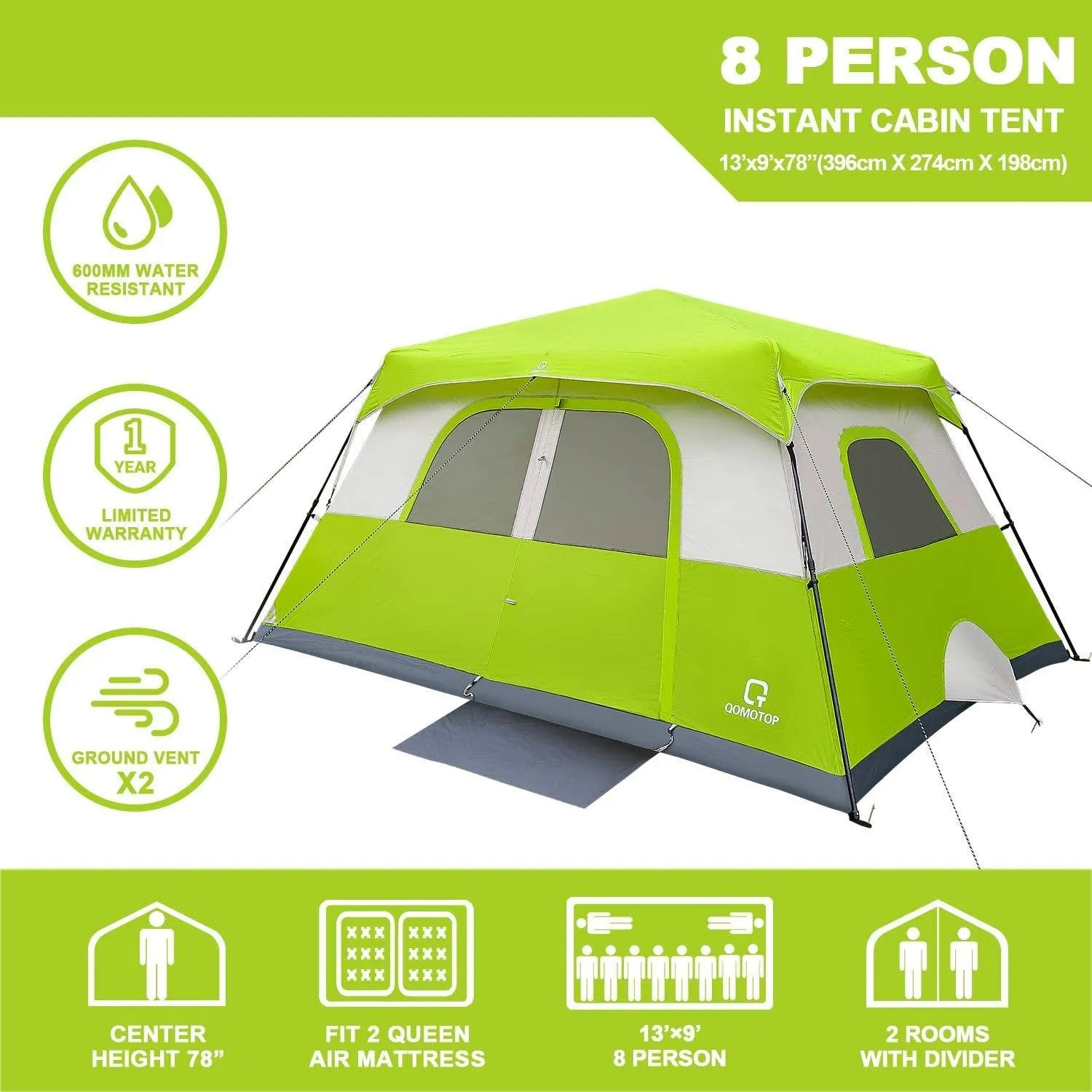 8 Person Camping Tent, 60 Seconds Set up Waterproof Tent