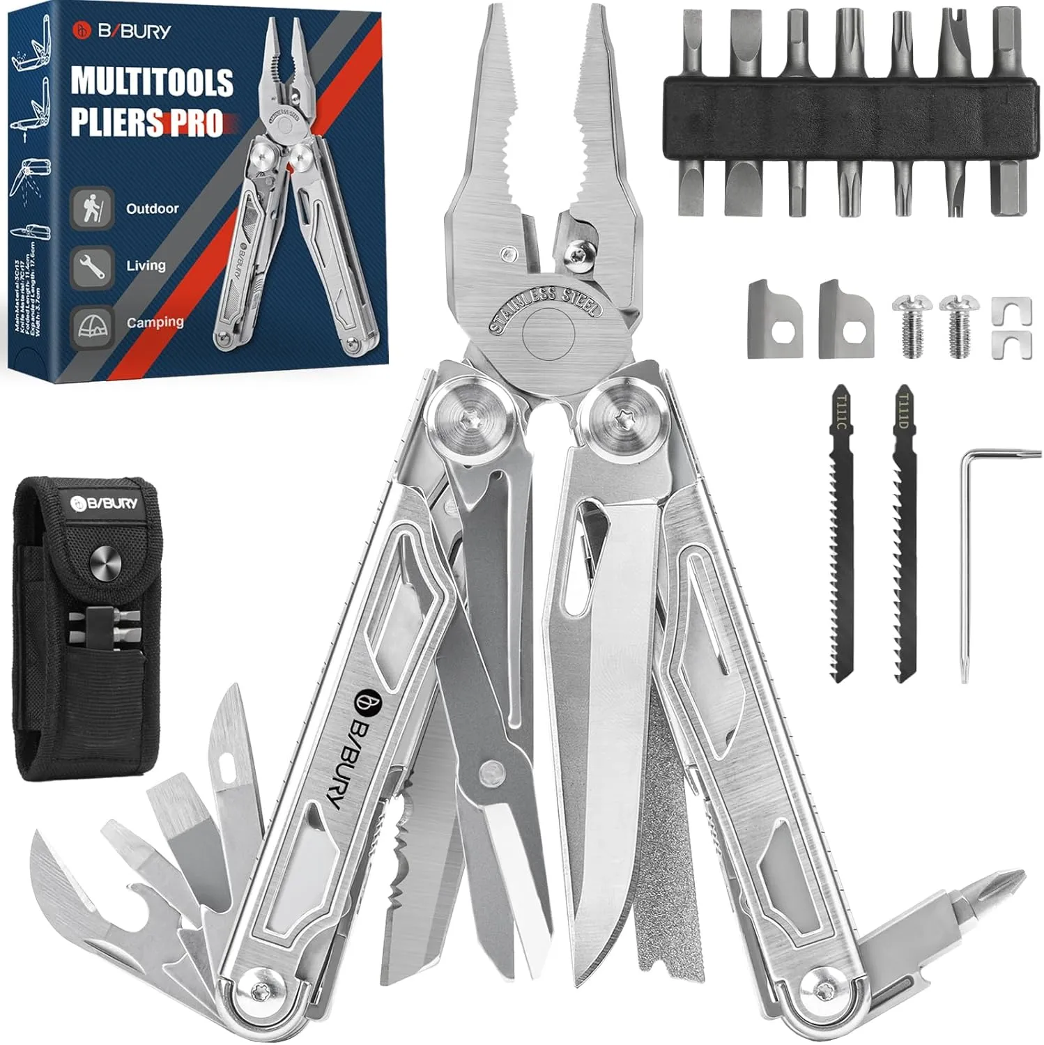 BIBURY Multitool Pliers BI2045, Stainless Steel Multi Tool Pliers with Replaceable Wire Cutters and Saw, Foldable Multitools with Scissors and Screwdriver, Ideal for Camping, Hiking, Survival, Repair