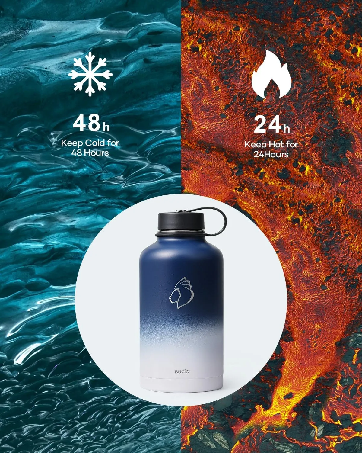 BUZIO Vacuum Insulated Stainless Steel Water Bottle 64oz (Cold for 48 Hrs/Hot for 24 Hrs) BPA Free Double Wall Travel Mug/Flask for Outdoor Sports Hiking, Cycling, Cam,Camping, Running, Tuxedo
