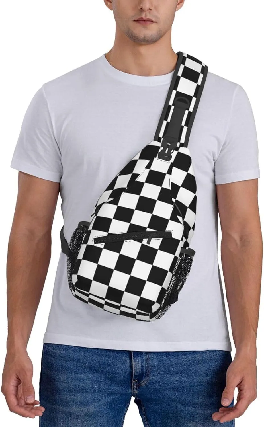 Checkered Sling Bag for Women Crossbody Bag Checkerboard with Black and White Squares Sling Backpack for Men Abstract Geometric Pattern Shoulder Bag Gym Sports Travel Hiking Daypack