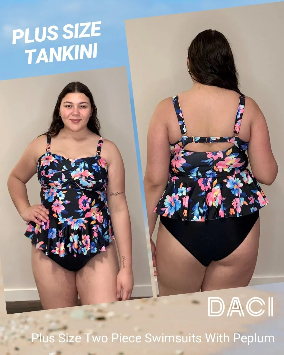 Daci Women Two Piece Plus Size Swimsuit with Bottom Peplum Tankini High Waisted Tummy Control Bathing Suit