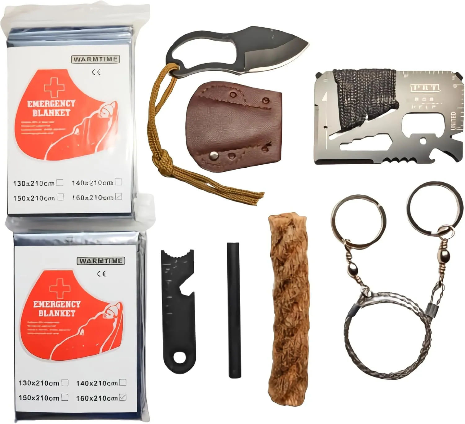 Emergency Survival Kit  9-in-1 Fire Starter Set with Ferro Rod, Wax Rope, Wire Saw, Multi Tool Card, Knife & 2 Thermal Blankets  for Camping, Hiking, Car, Bug Out Bag