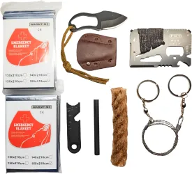 Emergency Survival Kit  9-in-1 Fire Starter Set with Ferro Rod, Wax Rope, Wire Saw, Multi Tool Card, Knife & 2 Thermal Blankets  for Camping, Hiking, Car, Bug Out Bag
