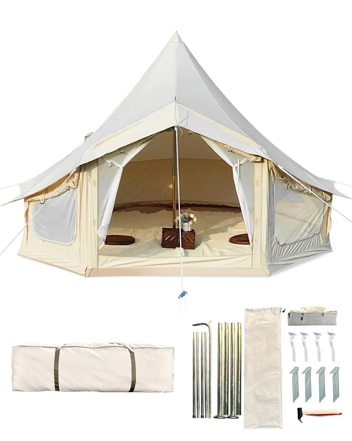 essential Regatta Canvas Bell Tent w/Stove Jack, Waterproof Yurt Camping Glamping for Family Camping Outdoor in 4 Seasons, Beige