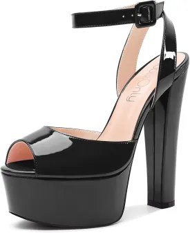 NobleOnly Womens High Block Platform Heel Peep Toe Ankle Strap Sandals Buckle Prom Dress Shoes 5.9 Inches Heels