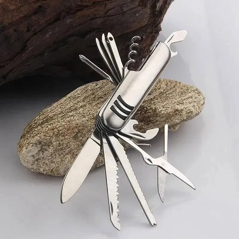 Portable 11 in 1 Fold Pocket Knife Carry Around Multifunction Outdoor Emergency Tools Stainless Steel Bottle Opener Cork Drill