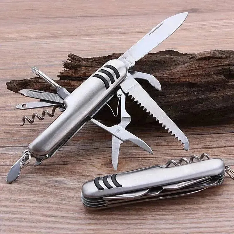 Portable 11 in 1 Fold Pocket Knife Carry Around Multifunction Outdoor Emergency Tools Stainless Steel Bottle Opener Cork Drill