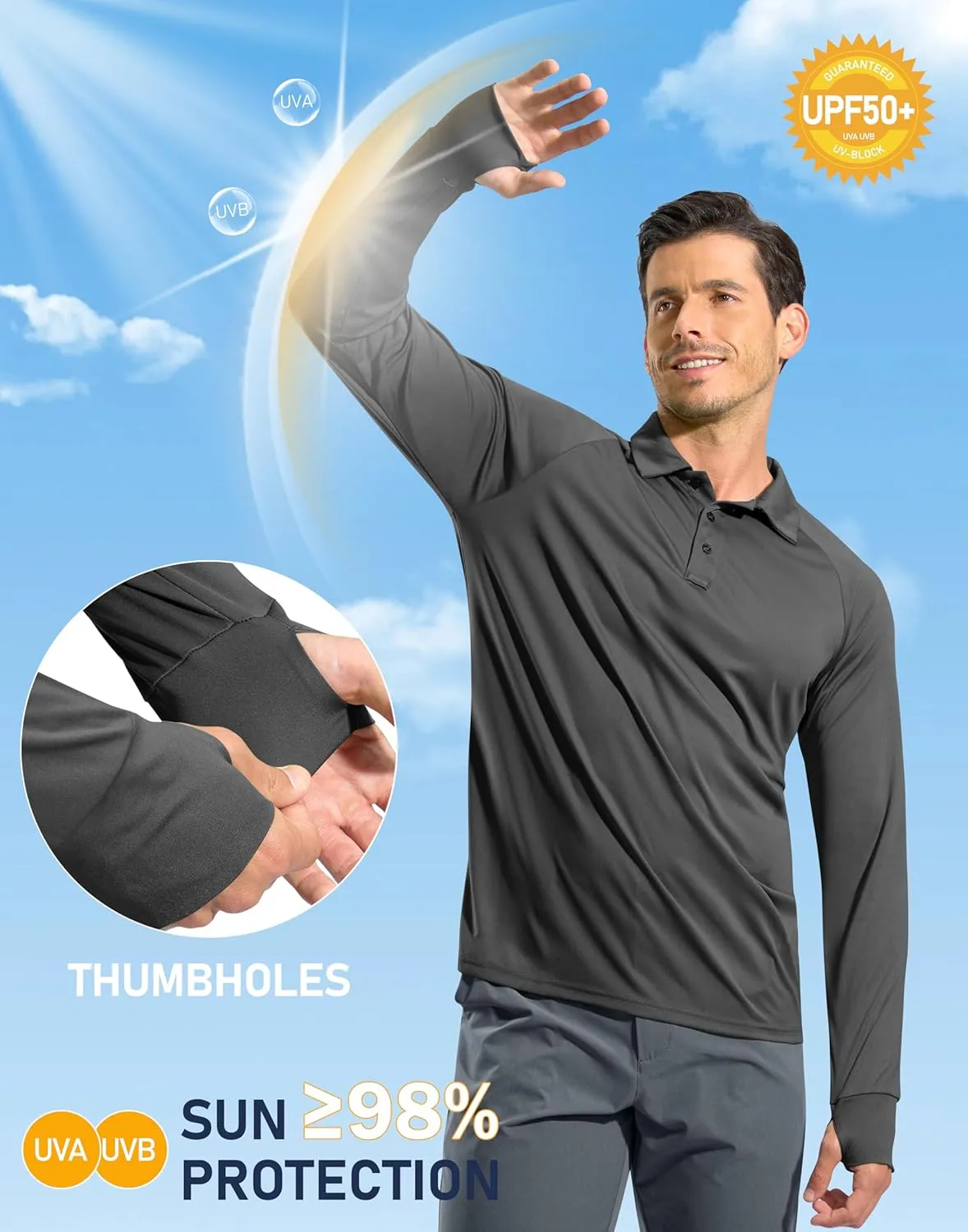 Pudolla Men's Long Sleeve Golf Polo Shirt UPF 50  Lightweight Sun Protection Cool SPF Hiking Shirts for Men