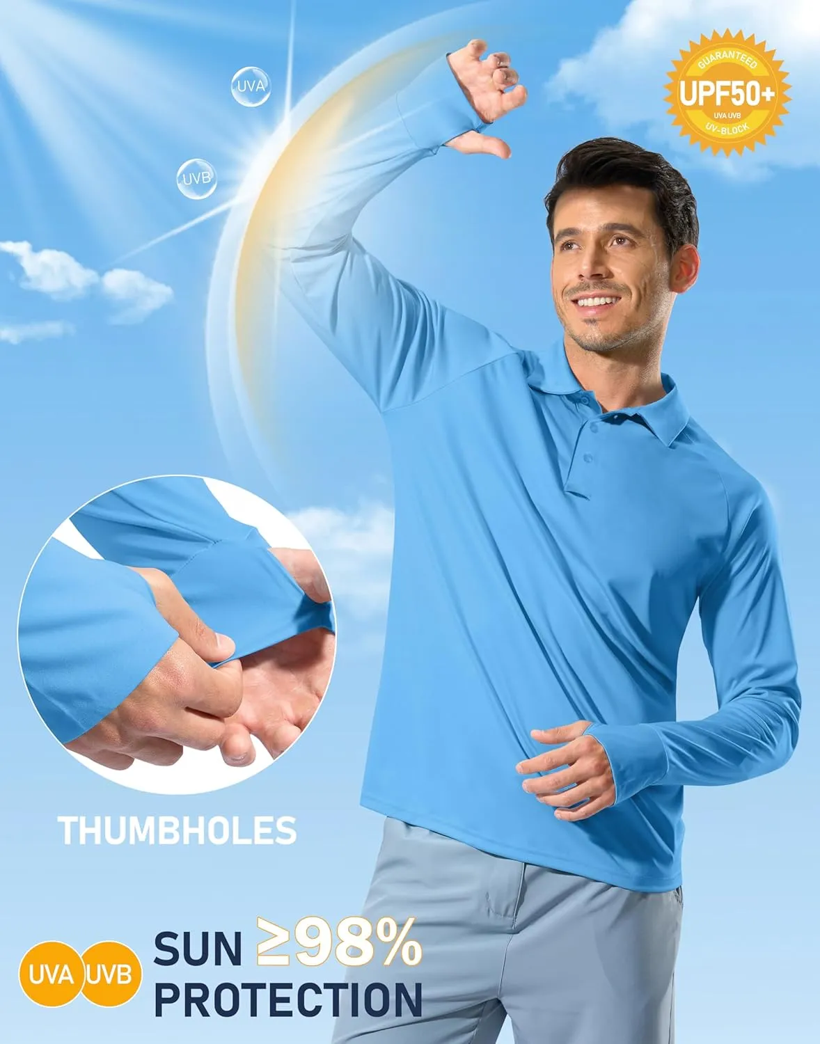 Pudolla Men's Long Sleeve Golf Polo Shirt UPF 50  Lightweight Sun Protection Cool SPF Hiking Shirts for Men