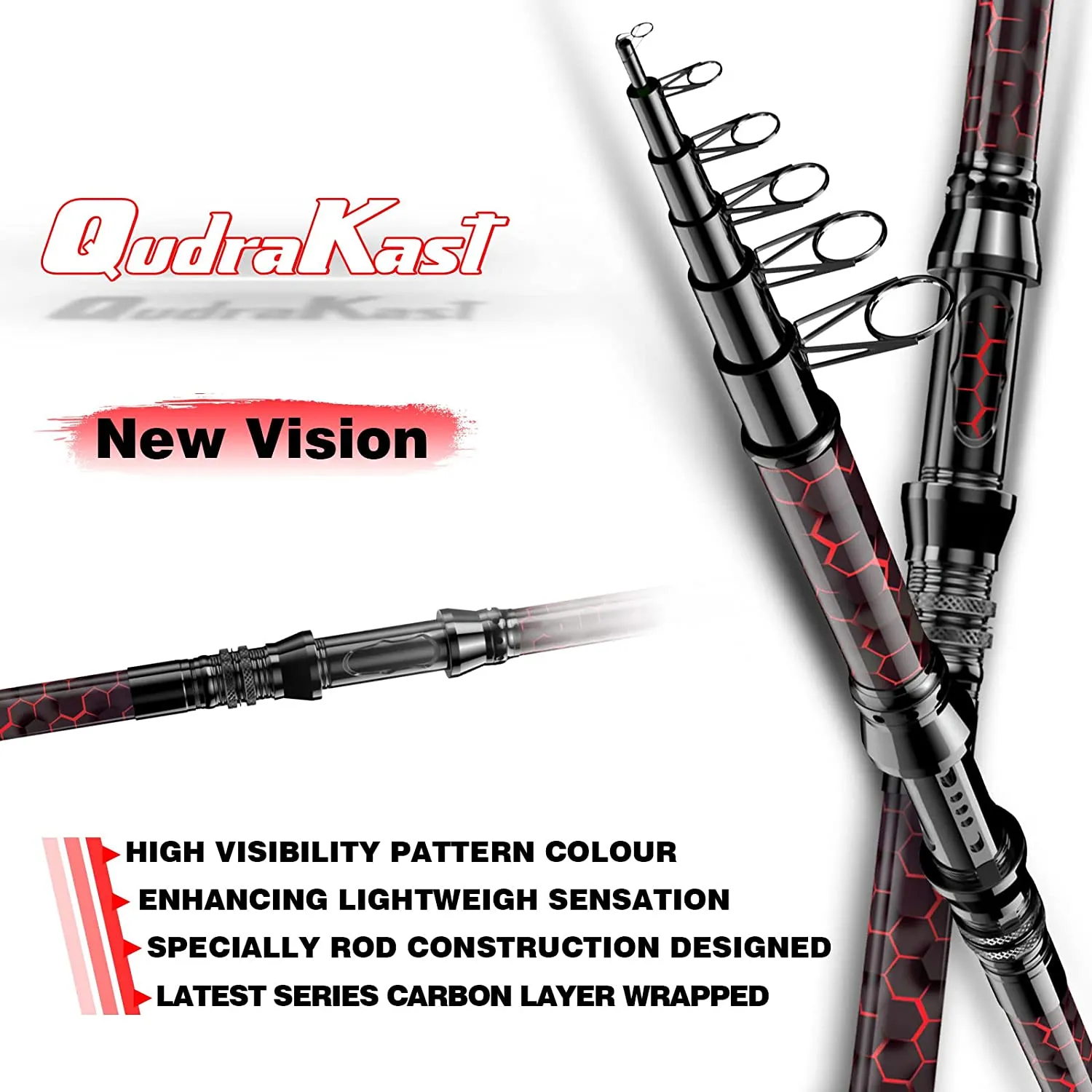Qudrakast Fishing Rod and Reel Combos, Unique Design with X-Warping Painting, Carbon Fiber Telescopic Fishing Rod with Reel Combo Kit with Tackle Box, Best Gift for Fishing Beginner and Angler