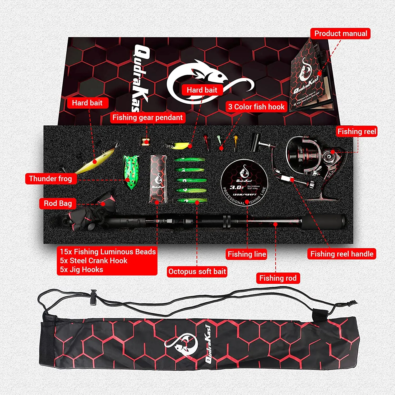 Qudrakast Fishing Rod and Reel Combos, Unique Design with X-Warping Painting, Carbon Fiber Telescopic Fishing Rod with Reel Combo Kit with Tackle Box, Best Gift for Fishing Beginner and Angler