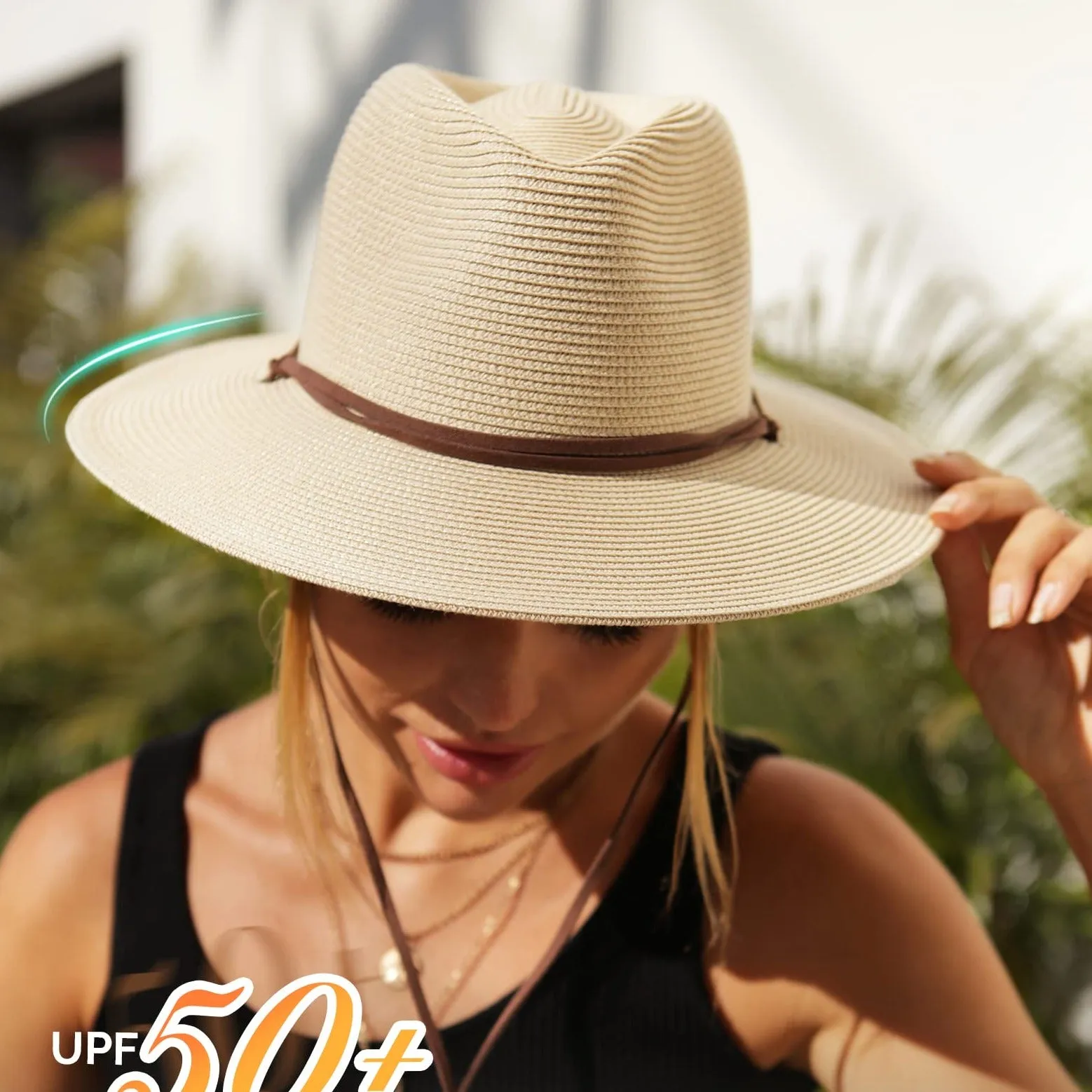 UPF 50 Wide Brim Panama Fedora Beach Hat with Wind Lanyard