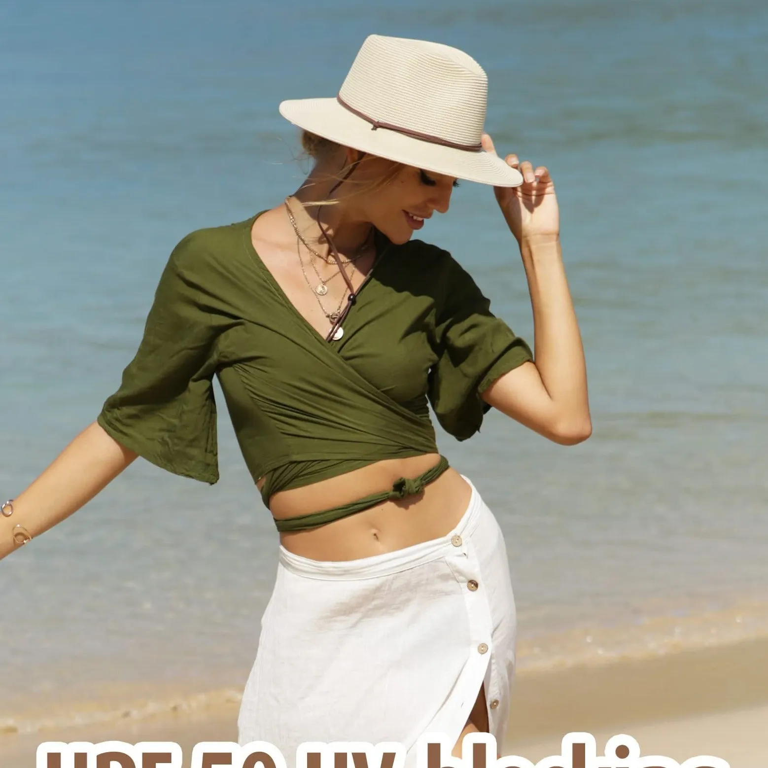 UPF 50 Wide Brim Panama Fedora Beach Hat with Wind Lanyard