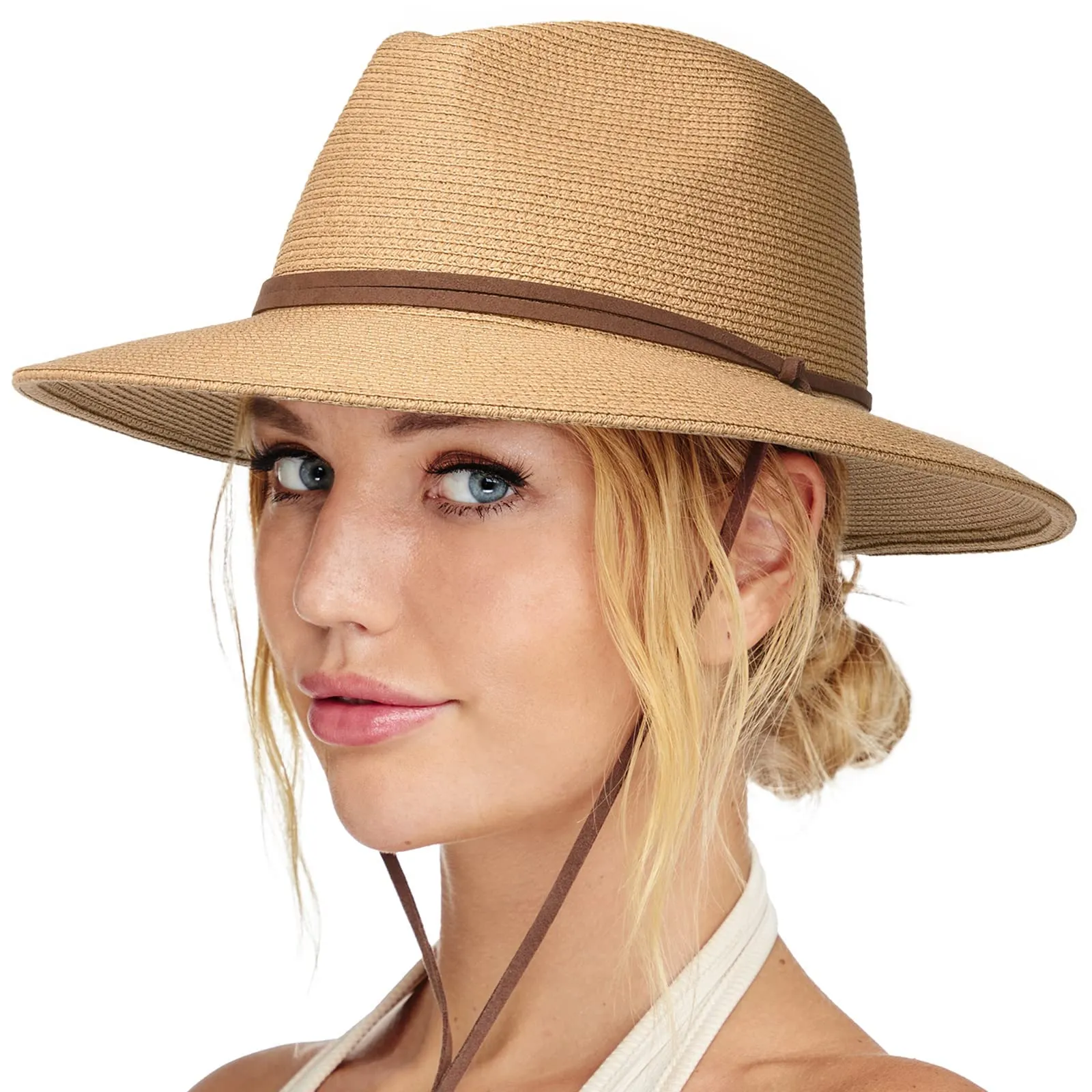 UPF 50 Wide Brim Panama Fedora Beach Hat with Wind Lanyard