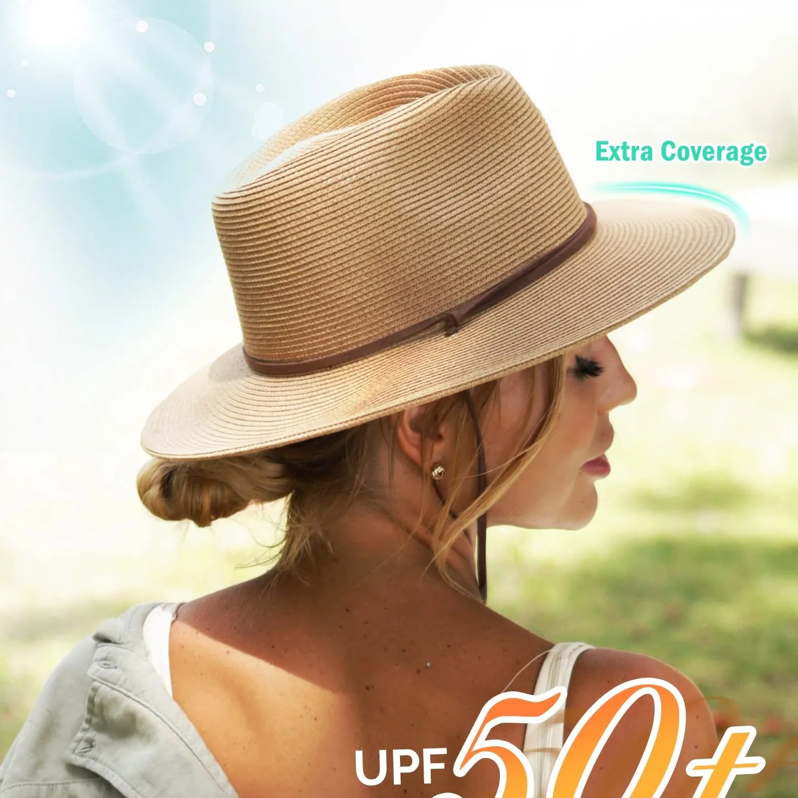 UPF 50 Wide Brim Panama Fedora Beach Hat with Wind Lanyard