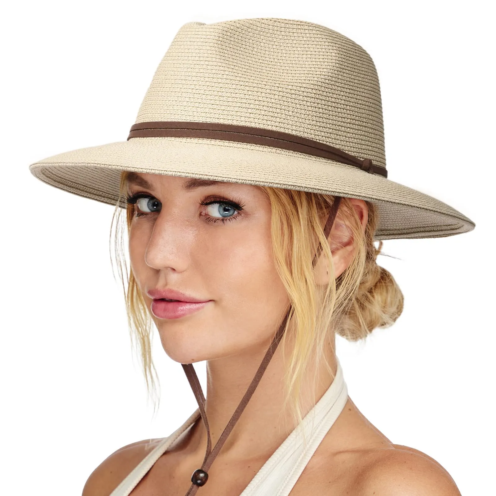 UPF 50 Wide Brim Panama Fedora Beach Hat with Wind Lanyard
