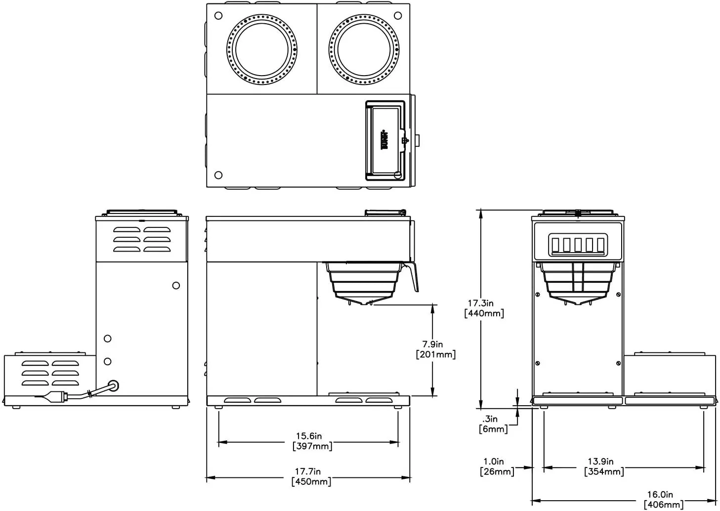 VP17-3, 12-Cup Low Profile Pourover Commercial Coffee Maker, 3 Lower Warmers, 13300.0003,Silver