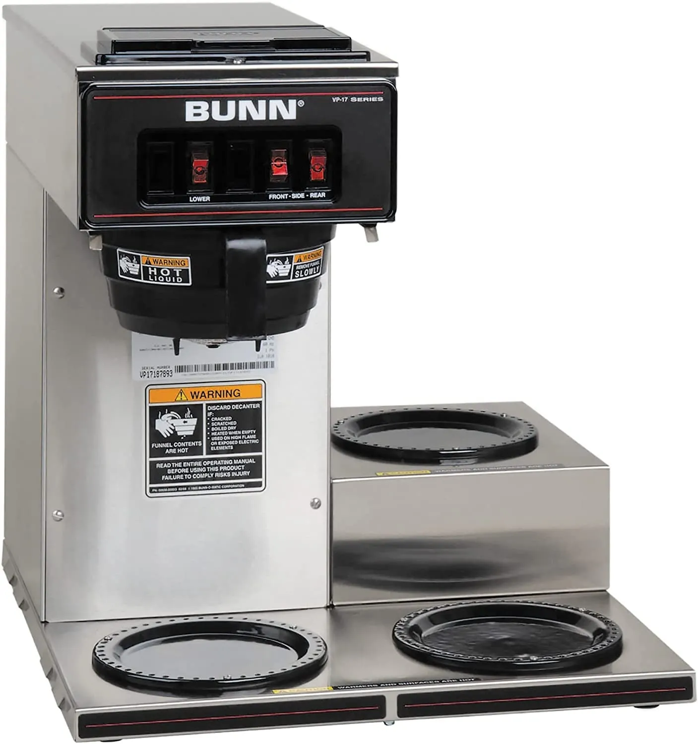 VP17-3, 12-Cup Low Profile Pourover Commercial Coffee Maker, 3 Lower Warmers, 13300.0003,Silver