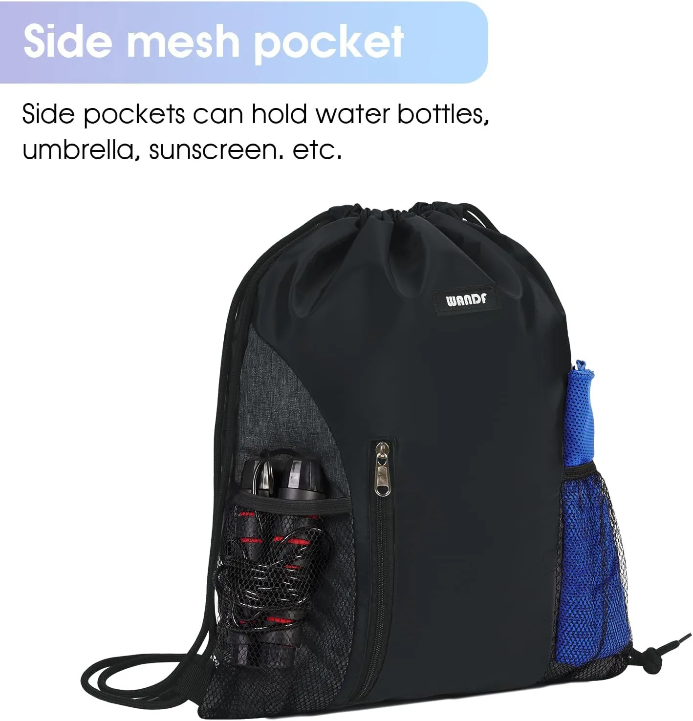 WANDF Drawstring Backpack Sports Gym Sackpack with Mesh Pockets Water Resistant String Bag for Women Men(Black)