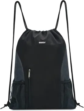 WANDF Drawstring Backpack Sports Gym Sackpack with Mesh Pockets Water Resistant String Bag for Women Men(Black)