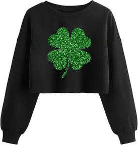 Women's Funny Clover Graphic Crop Sweatshirts St. Patrick's Day Lucky Shamrock Lantern Long Sleeve Pullover Tops
