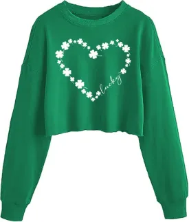 Women's Funny Clover Graphic Crop Sweatshirts St. Patrick's Day Lucky Shamrock Lantern Long Sleeve Pullover Tops