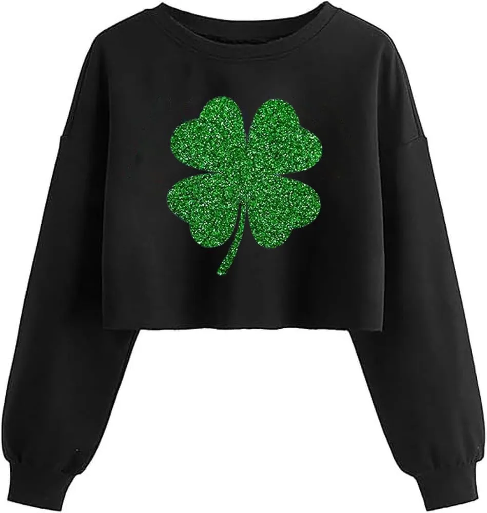 Women's Funny Clover Graphic Crop Sweatshirts St. Patrick's Day Lucky Shamrock Lantern Long Sleeve Pullover Tops