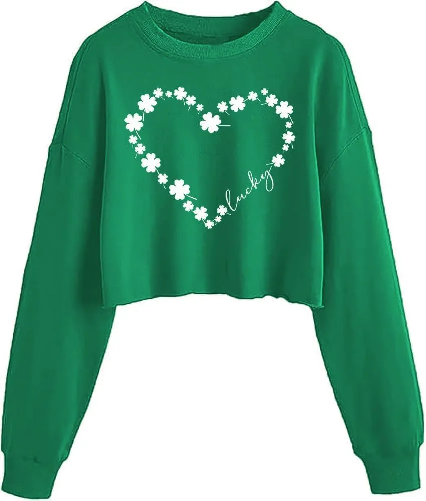 Women's Funny Clover Graphic Crop Sweatshirts St. Patrick's Day Lucky Shamrock Lantern Long Sleeve Pullover Tops
