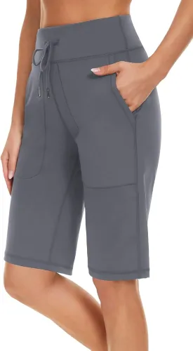 Women's Long Shorts 12" Knee Length Running Athletic High Waist Deep Pockets Quick Dry Loose Fit