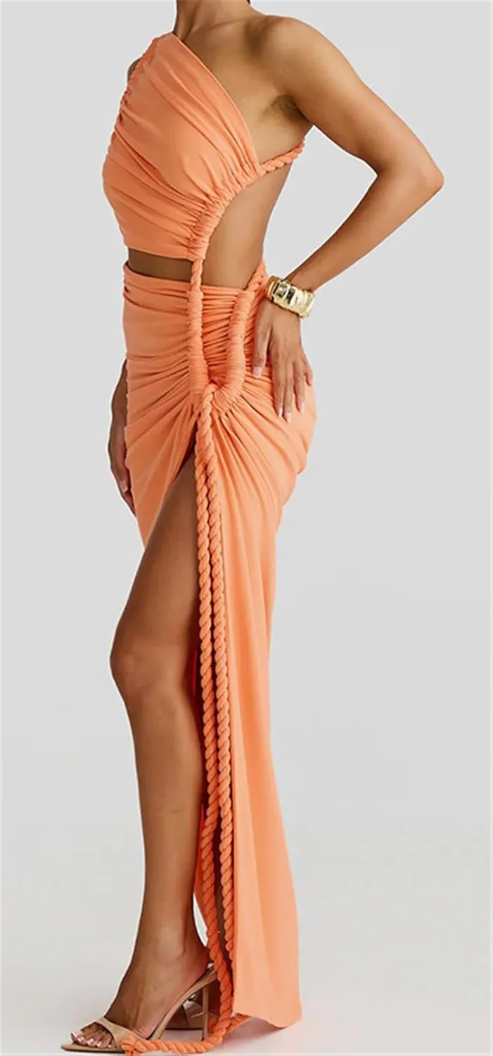 Women's Sleeveless Hemp Rope Lace Up Ruffles Bodycon Split Sexy Nightclub Party Dress