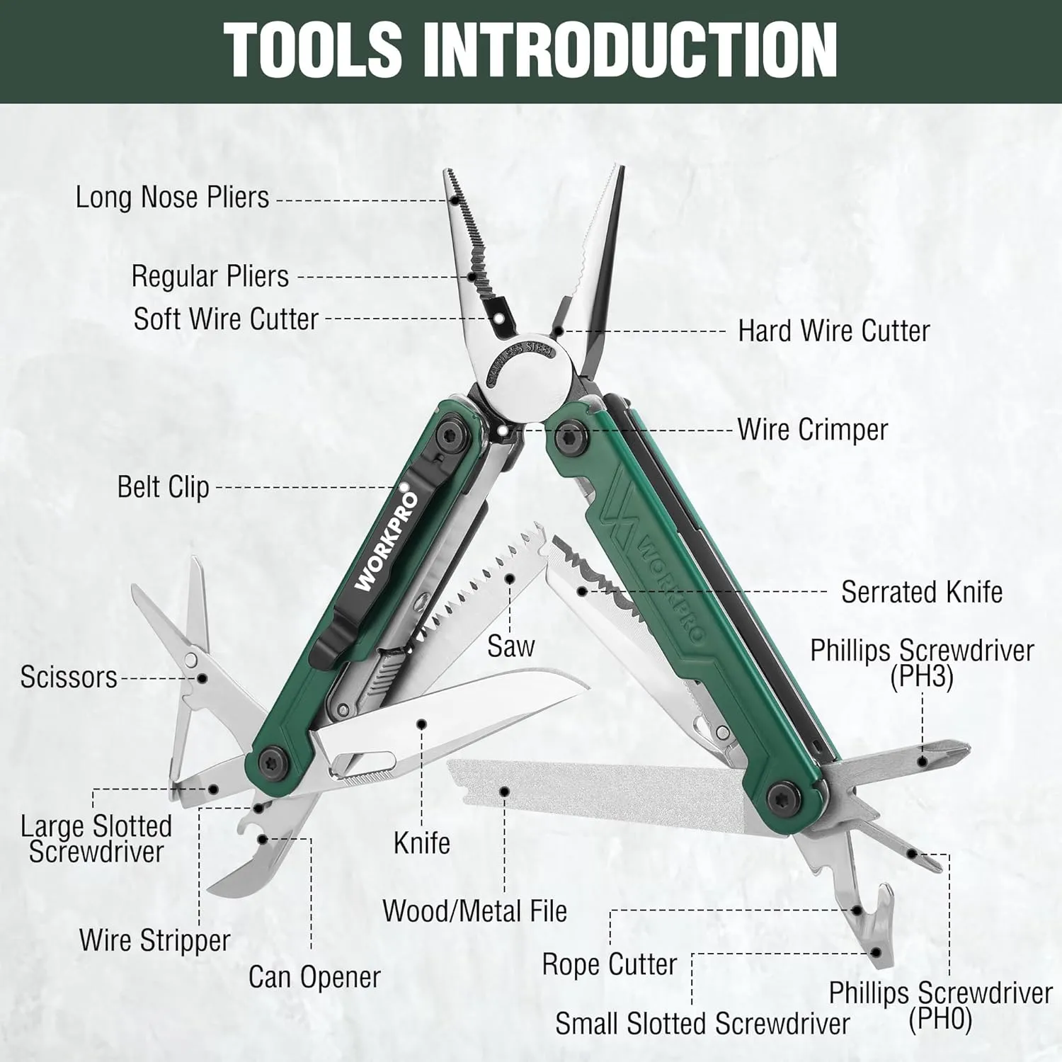 WORKPRO 18-in-1 Multi Tool Pliers, Gifts for Men, Stainless Steel EDC Multitool with Pocket Knife, 2 Safety Locks, Belt Clip and Oxford Pouch, Utility Multiuse Tool for Camping
