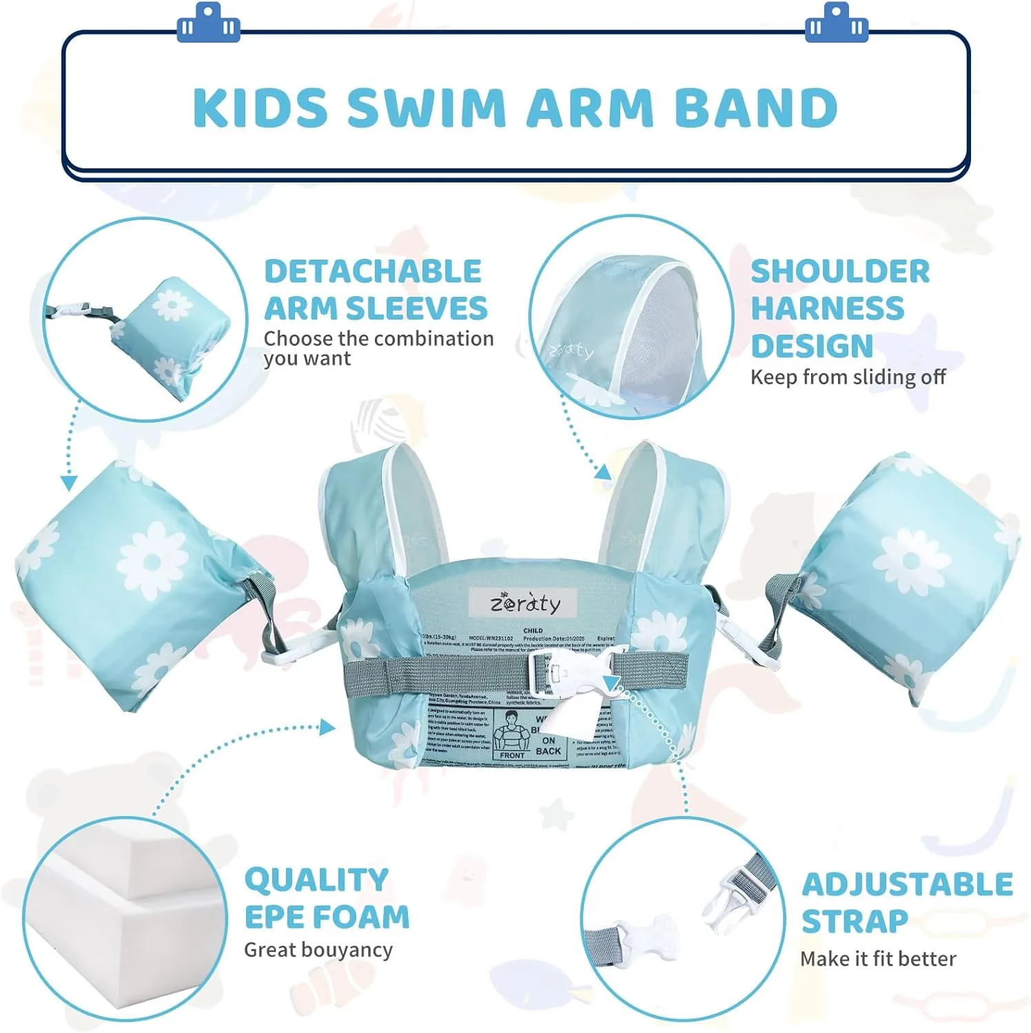 Zeraty Puddle Jumper Toddler Swim Vest for Kids, Toddler Floaties 2-3-4-5-6, Puddle Jumper 25-30-50-66 lbs Detachable Pool Float Kids and Arm Floaties Water Wing Boys and Girls